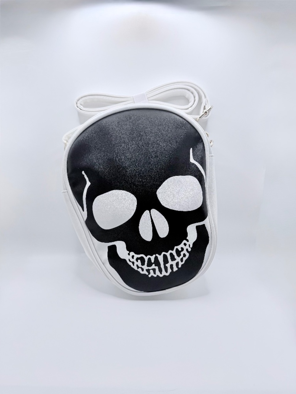Gothic Black White Skull Face Oval Crossbody Purse Gold Hardware Adjustable